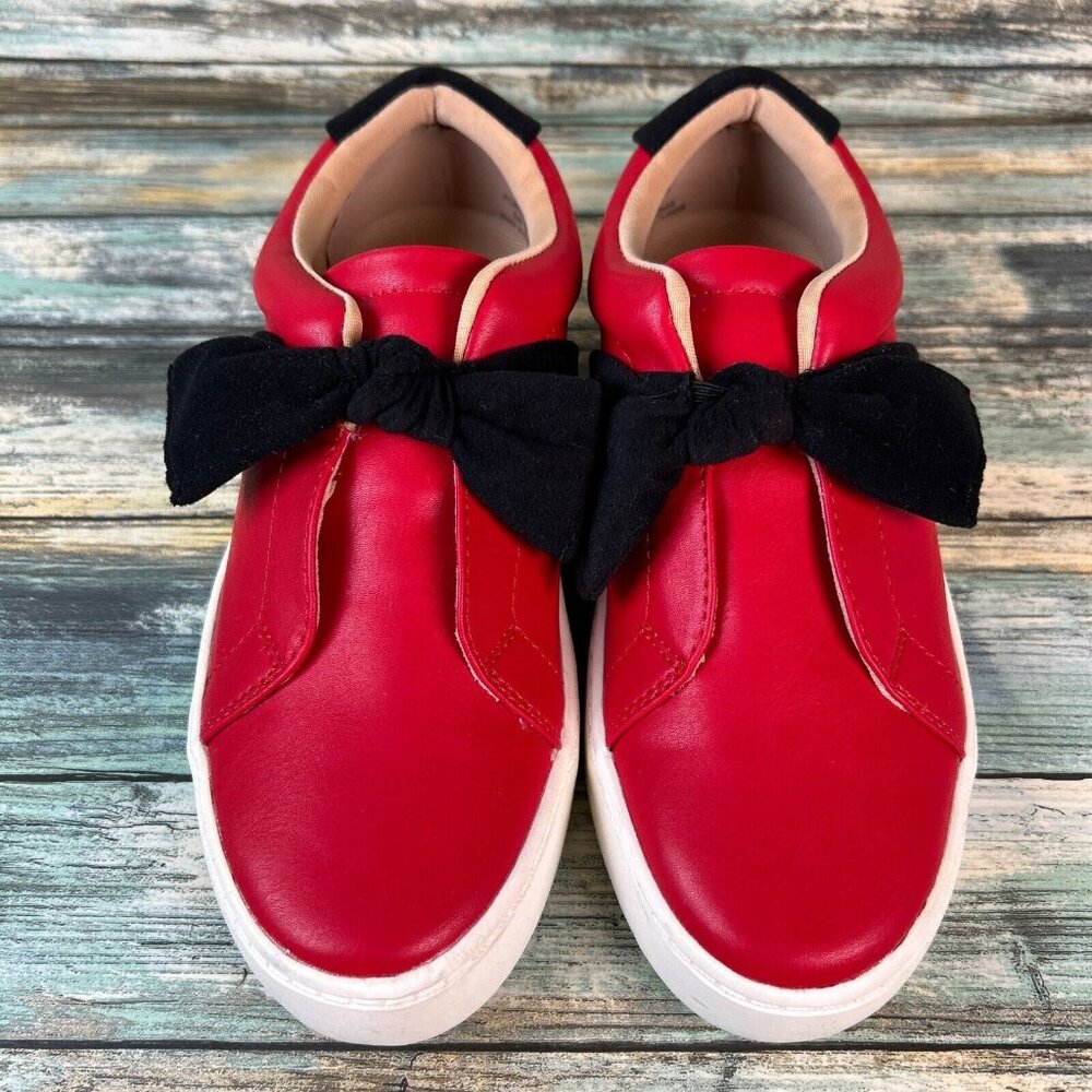 JOURNEE COLLECTION Womens Sneaker Size 6M Ash Red Faux Leather Black Bow Slip On